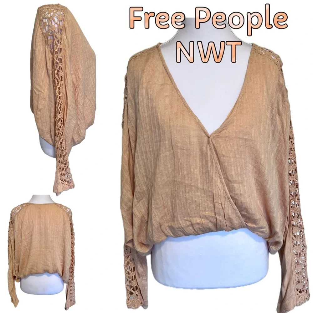 Free People NWT Runaway Peach Crochet Sleeve Blouse XS